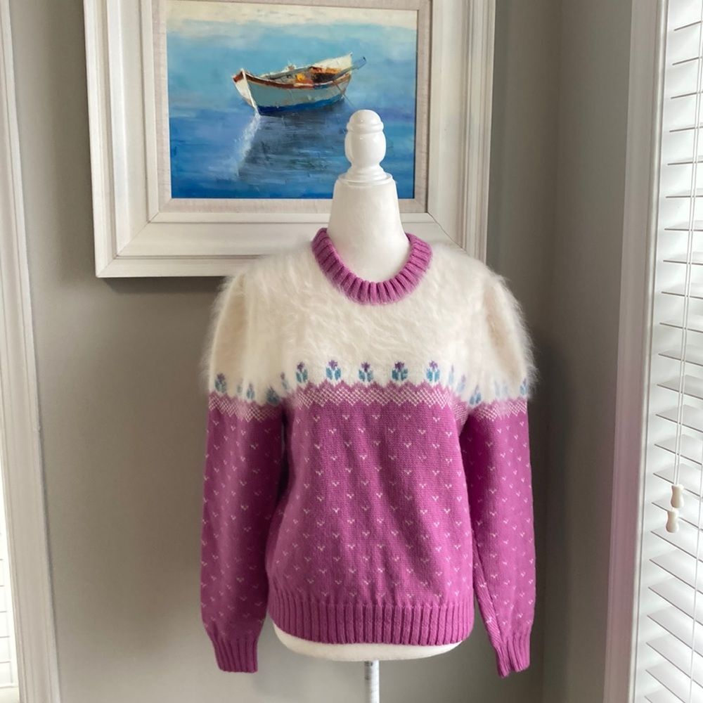 Vintage 80s Top Notch Wool Crewneck Tulip Fair Isle Sweater Handmade in the USA